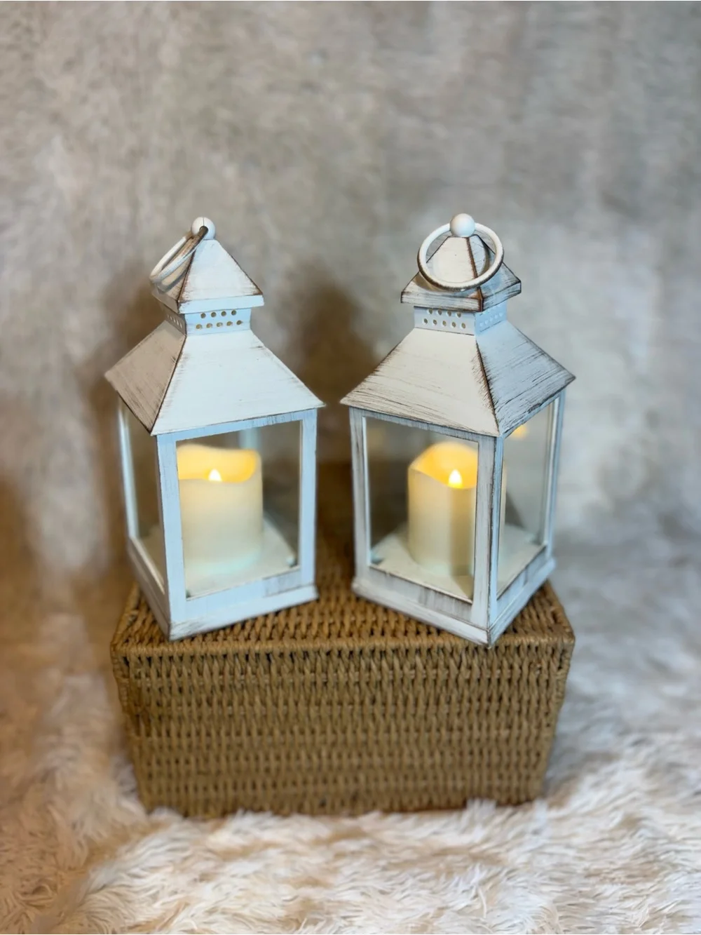 Farmhouse Rustic White Decorative Lanterns with LED Candles - Set of 2